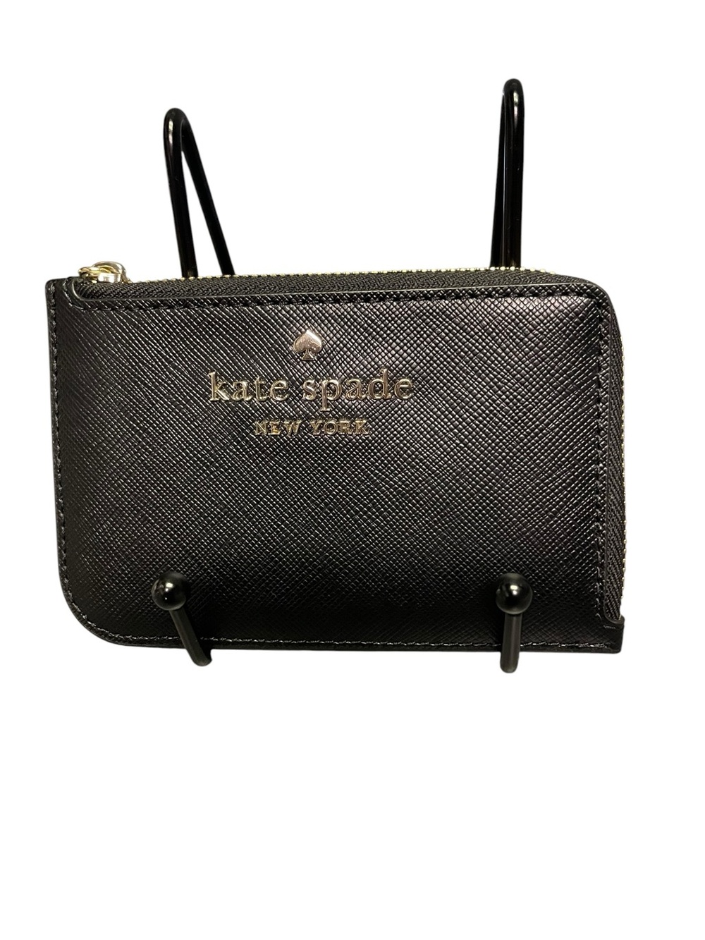 kate spade Black Saffiano Zip Around Card Wallet with Gold Logo